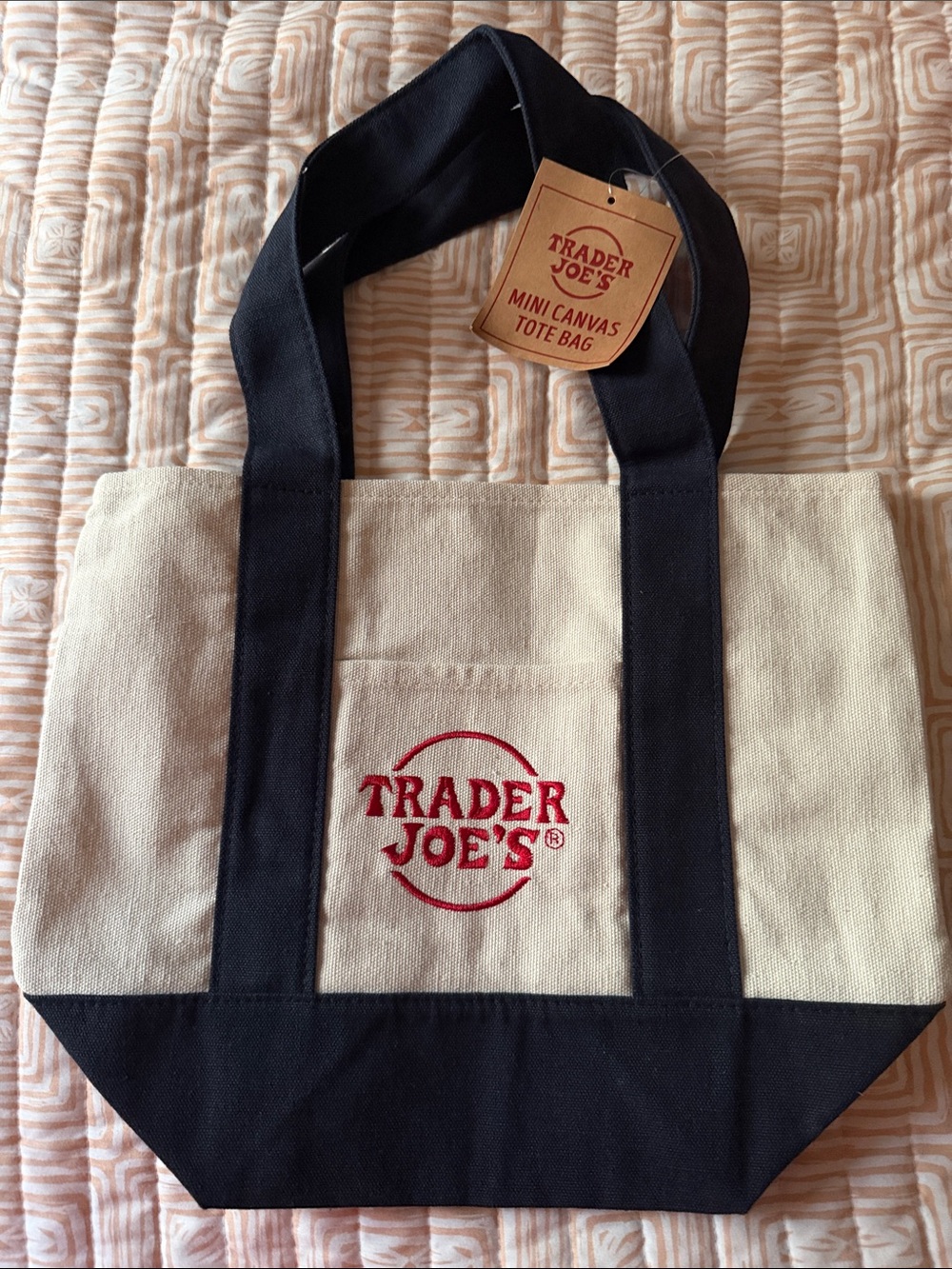 Trader Joe's Mini Canvas Tote Bag - Natural & Navy Blue with Red Logo